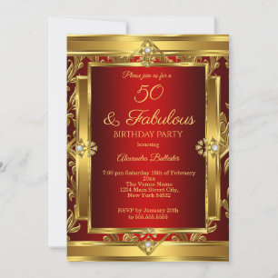 Fabulous 50 Red Gold Damask Birthday Party Invitation