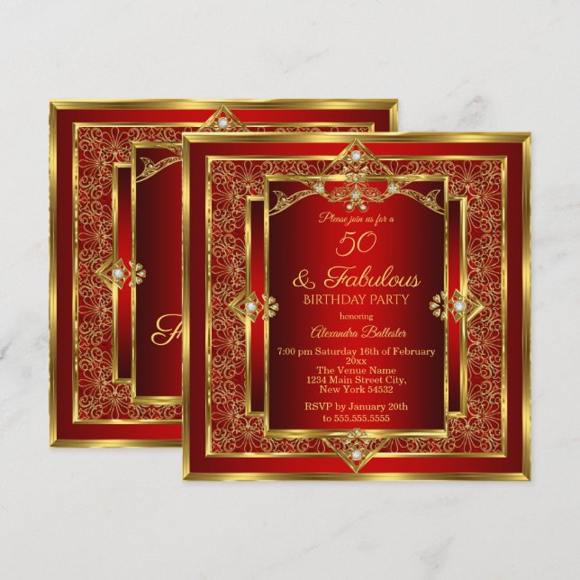 Fabulous 50 Red Gold Floral Birthday Party Invitation (Front/Back)