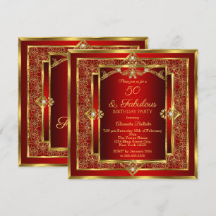 Fabulous 50 Red Gold Floral Birthday Party Invitation