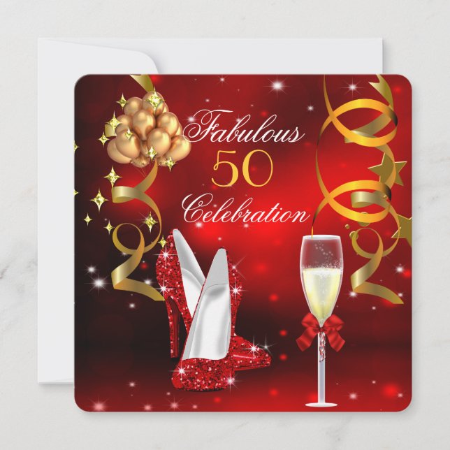 Fabulous 50 Red Gold High Heel Champagne Party Invitation (Front)