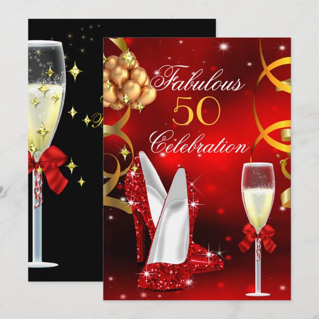 Fabulous 50 Red Gold High Heel Champagne Party Invitation (Front/Back)