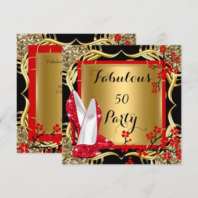 Fabulous 50 Red Heels Blossom Black Glitter Gold Invitation (Front/Back)