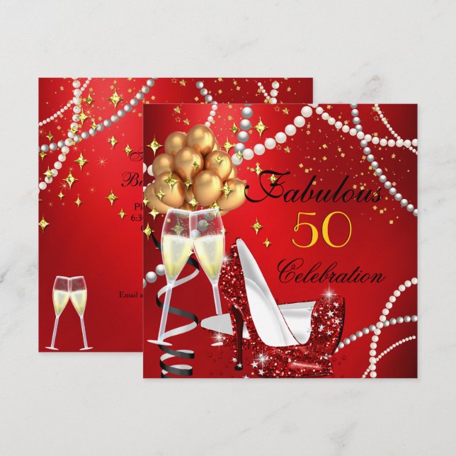 Fabulous 50 Red Heels Champagne Birthday Party 2 Invitation (Front/Back)