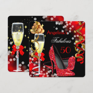 Fabulous 50 Red Heels Gold Bubbles Birthday Party Invitation