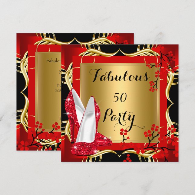 Fabulous 50 Red Hi Heels Blossom Black Gold Invitation (Front/Back)