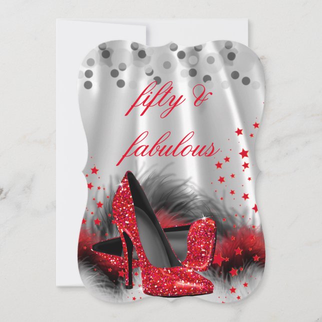 Fabulous 50 Red High Heels Black Silver Birthday 2 Invitation (Front)