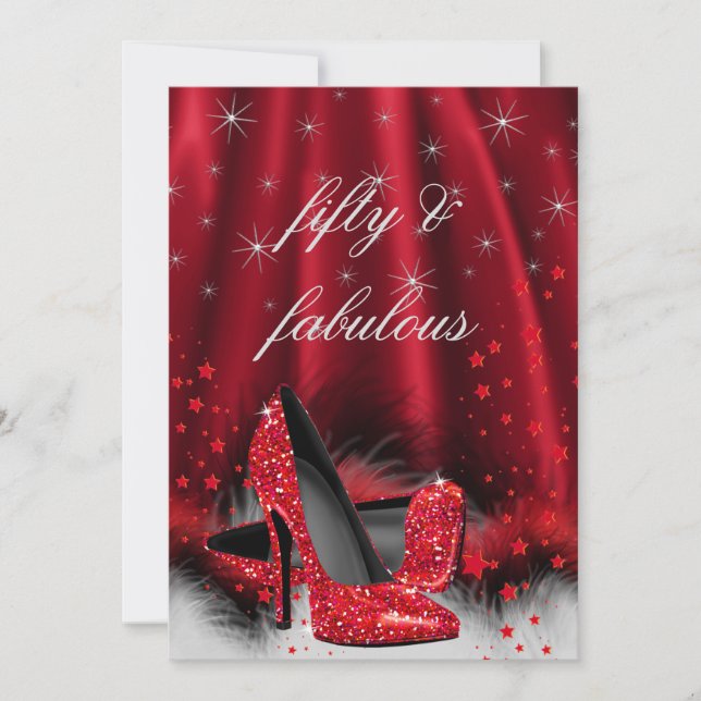 Fabulous 50 Red High Heels Black Silver Birthday 3 Invitation (Front)