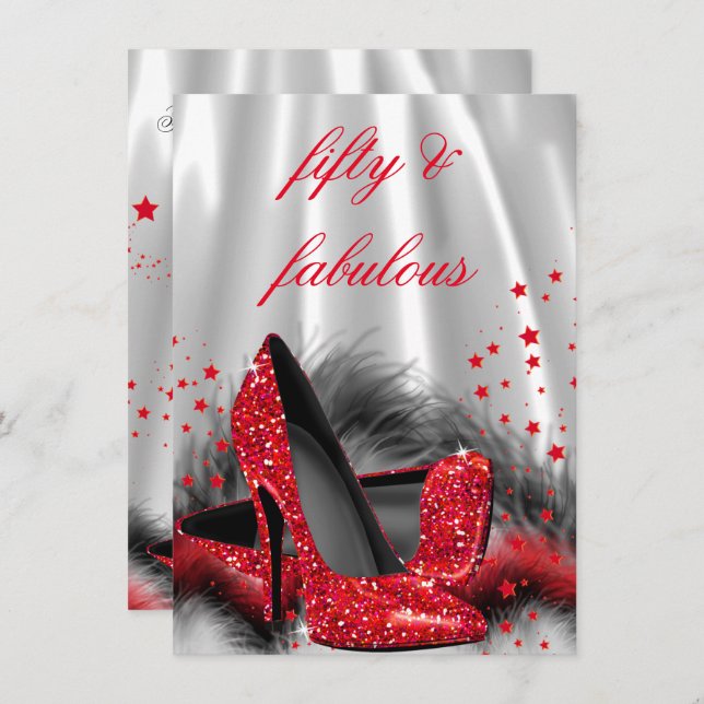 Fabulous 50 Red High Heels Black Silver Birthday Invitation (Front/Back)