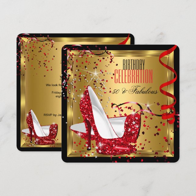 Fabulous 50 Red High Heels Gold Birthday Party Invitation (Front/Back)