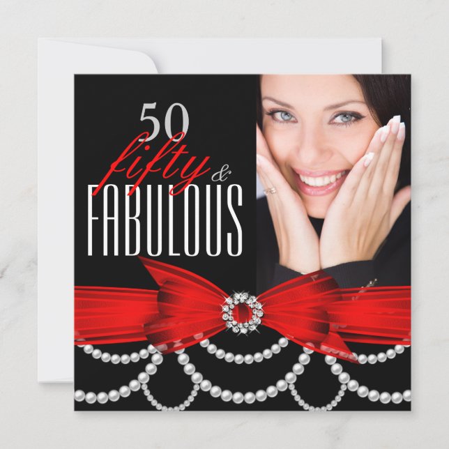 Fabulous 50 Red Pearls Photo Birthday Party Invitation (Front)