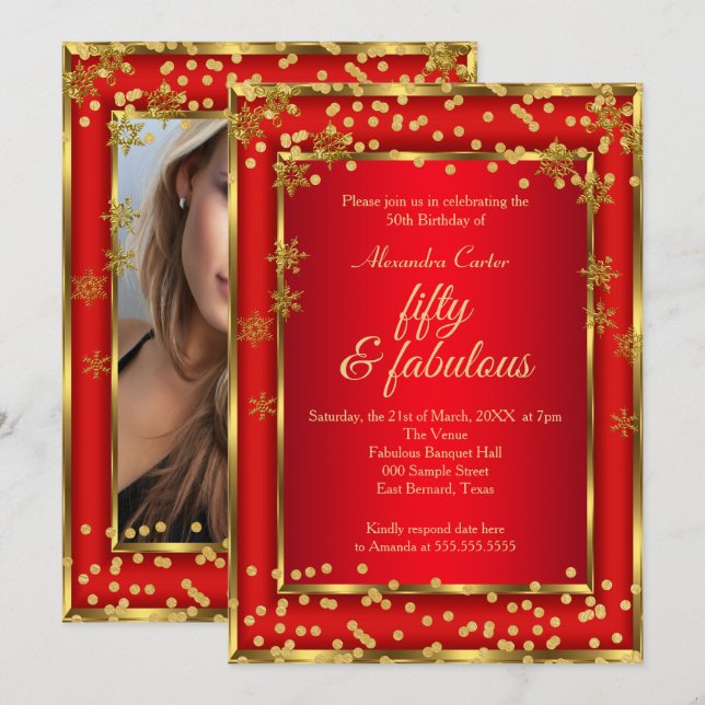Fabulous 50 Red Photo Gold Snowflake party Invitation (Front/Back)