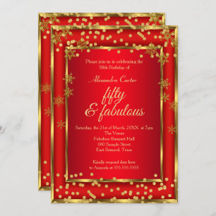 Fabulous 50 Red Photo Gold Snowflake party Invitation