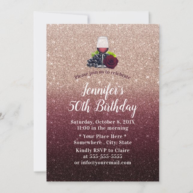 Fabulous 50 Red Wine Burgundy Glitter Birthday Invitation (Front)