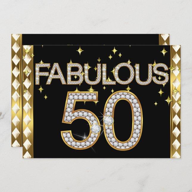 Fabulous 50 Retro Glamour Hollywood Gold Frame Invitation (Front/Back)