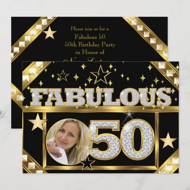 Fabulous 50 Retro Glamour Hollywood Gold Photo 4 Invitation (Front/Back)