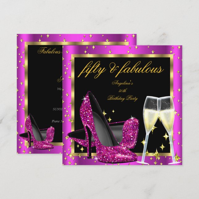Fabulous 50 Rich Pink Champagne Heels Birthday Invitation (Front/Back)
