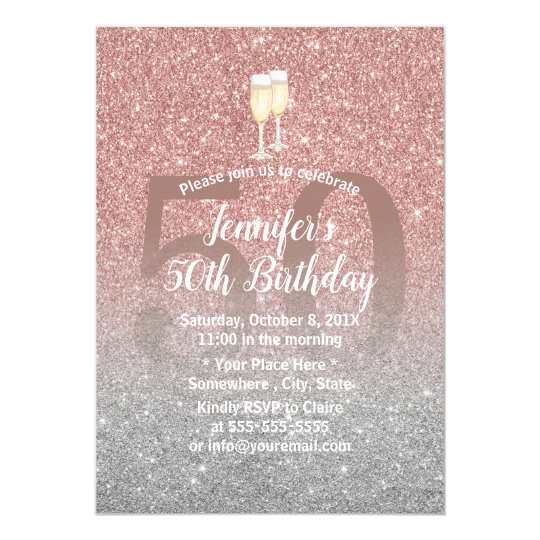 Fabulous 50 Rose Gold And Silver Glitter Birthday Invitation Uk