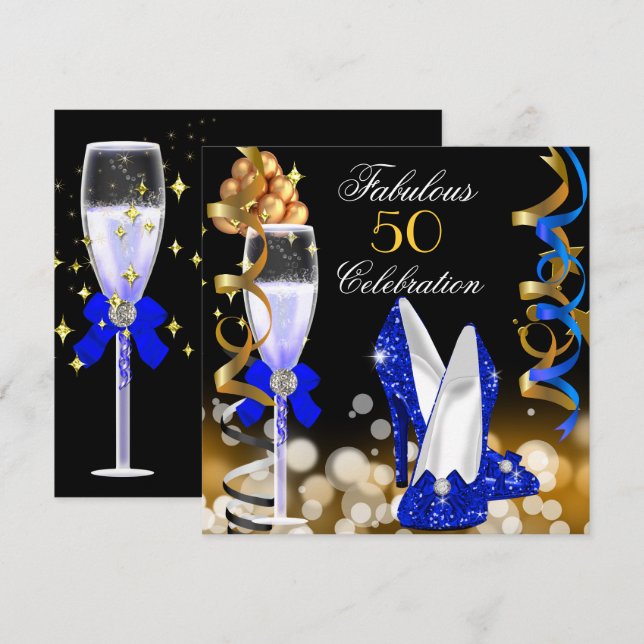 Fabulous 50 Royal Blue Black Gold Birthday Party Invitation (Front/Back)