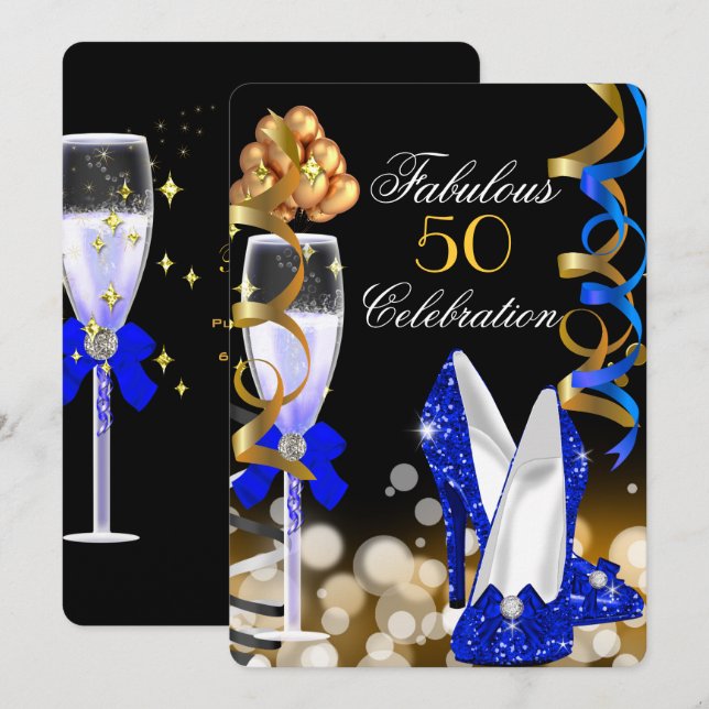 Fabulous 50 Royal Blue Black Gold Birthday Party Invitation (Front/Back)