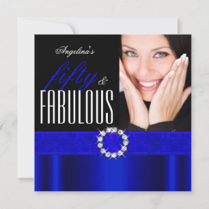 Fabulous 50 Royal Blue Black Photo Birthday Party Invitation