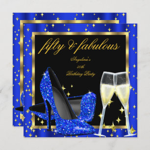 Fabulous 50 Royal Blue Champagne Heels Birthday Invitation