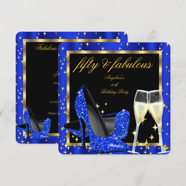 Fabulous 50 Royal Blue Champagne Heels Birthday Invitation (Front/Back)