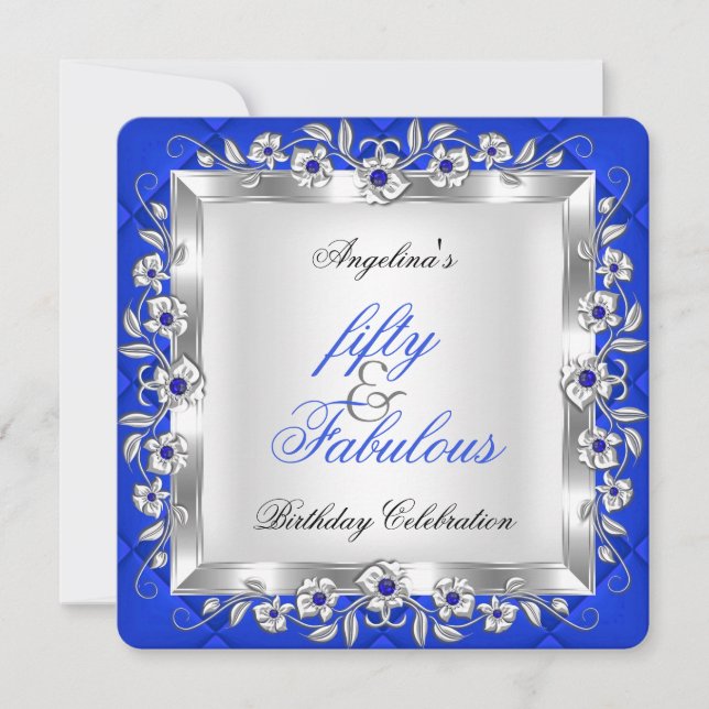 Fabulous 50 Royal Blue Floral Birthday Party Invitation (Front)