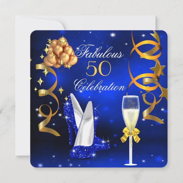 Fabulous 50 Royal Blue Gold Heels Champagne Party Invitation (Front)