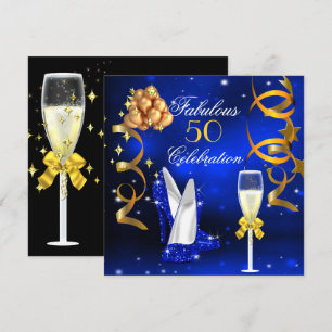Fabulous 50 Royal Blue Gold Heels Champagne Party Invitation