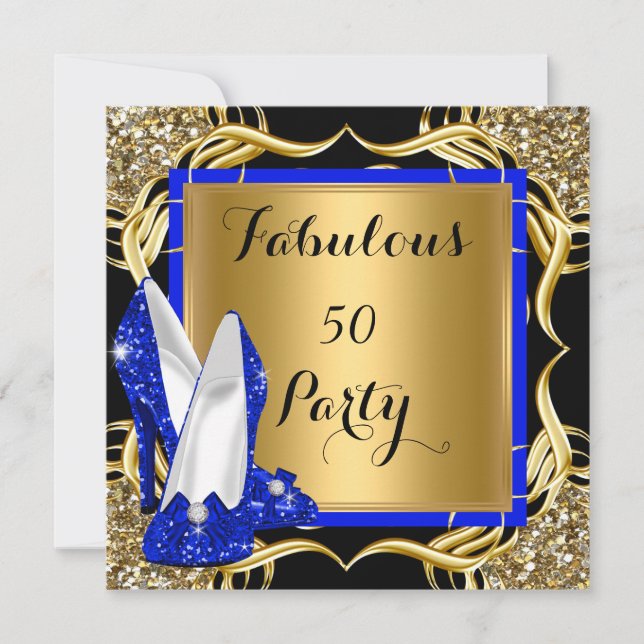 Fabulous 50 Royal Blue Heels Black Glitter Gold Invitation (Front)