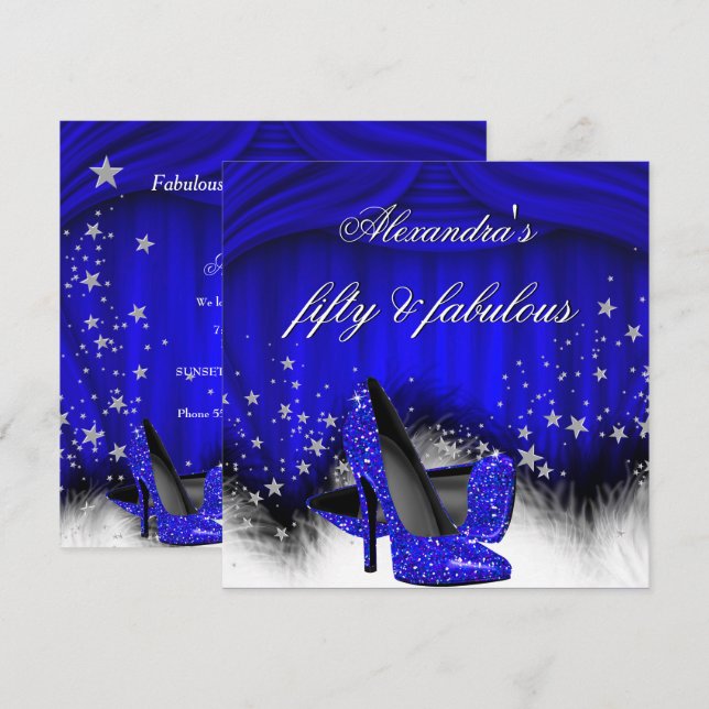 Fabulous 50 Royal Blue High Heels Feather Birthday Invitation (Front/Back)