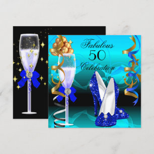 Fabulous 50 Royal Blue Teal Gold Birthday Party Invitation