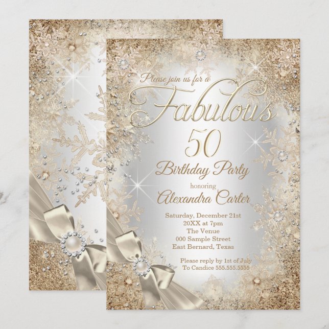 Fabulous 50 Silver Beige Cream Pearl Bow Snowflake Invitation (Front/Back)