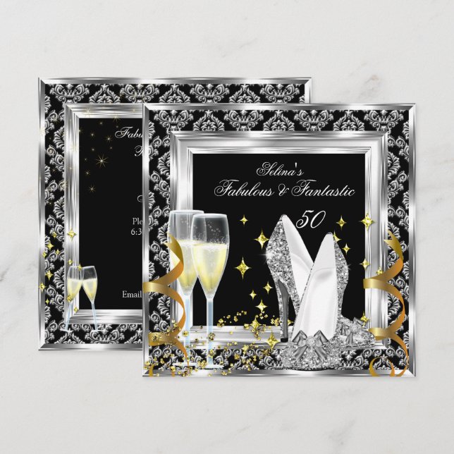 Fabulous 50 Silver Damask Black Birthday Party Invitation (Front/Back)
