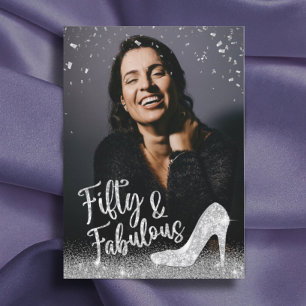 Fabulous 50 Silver Glitter Add Your Photo Birthday Invitation