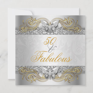Fabulous 50 Silver Gold Butterfly Birthday Party Invitation