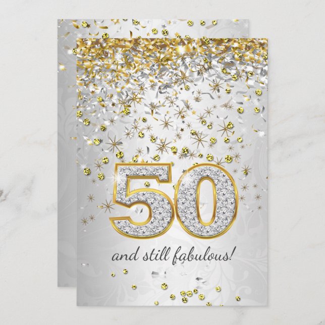 Fabulous 50 Silver gold Streamers 50th party Invitation (Front/Back)