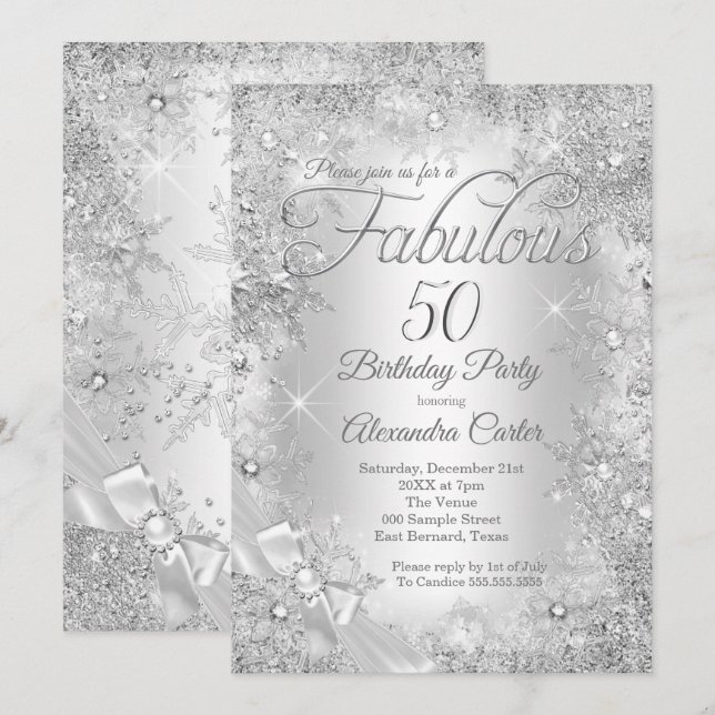 Fabulous 50 Silver White Pearl Bow Snowflake Invitation (Front/Back)
