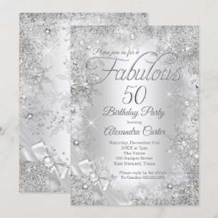Fabulous 50 Silver White Pearl Bow Snowflake Invitation