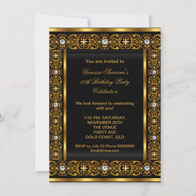 Fabulous 50 Super Elegant Diamond Gold Black 3 Invitation (Front)