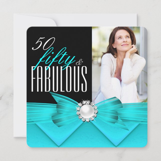 Fabulous 50 Teal Black Photo Birthday Party Invitation (Front)