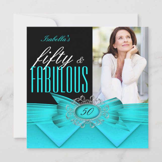 Fabulous 50 Teal Black Photo Birthday Party Invitation (Front)