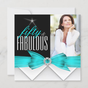 Fabulous 50 Teal Black Photo Elegant Birthday 2 Invitation