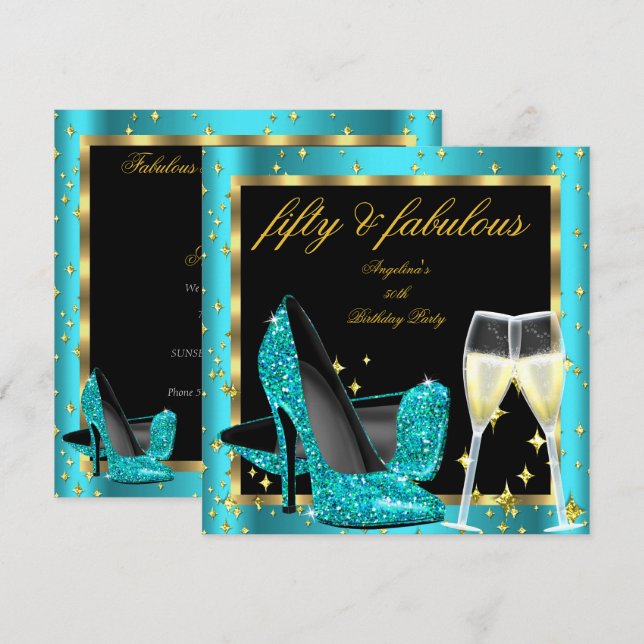 Fabulous 50 Teal Blue Champagne Heels Birthday Invitation (Front/Back)