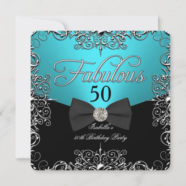 Fabulous 50 Teal Blue Elegant Birthday Party Invitation (Front)