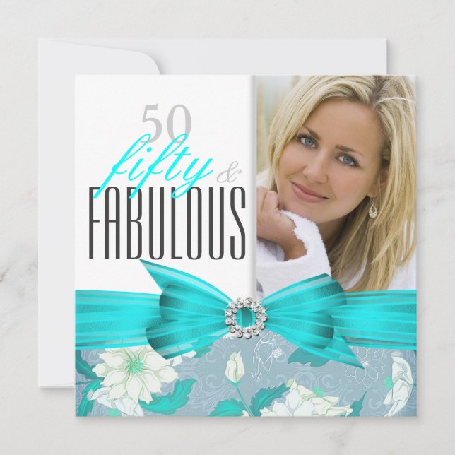 Fabulous 50 Teal Blue Floral Birthday Party 2 Invitation (Front)