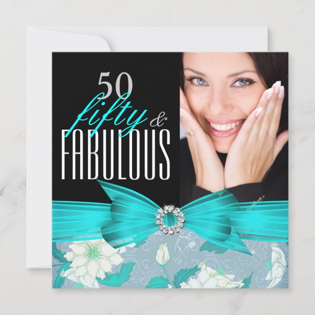 Fabulous 50 Teal Blue Floral Birthday Party Invitation (Front)