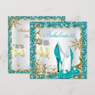 Fabulous 50 Teal Blue Glitter Gold Birthday Party Invitation