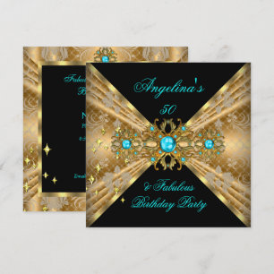 Fabulous 50 Teal Blue Gold Black Damask Birthday Invitation
