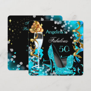 Fabulous 50 Teal Blue Heels Gold Bubbles Party Invitation